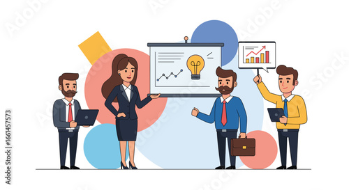 Business professionals collaborate in a vibrant meeting, brainstorming new ideas and analyzing growth strategies. Ideal for concepts of innovation, teamwork, and corporate success.