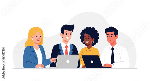 Diverse business team collaborating effectively on laptops. Highlights teamwork, innovation, and professional partnership in a modern corporate setting.