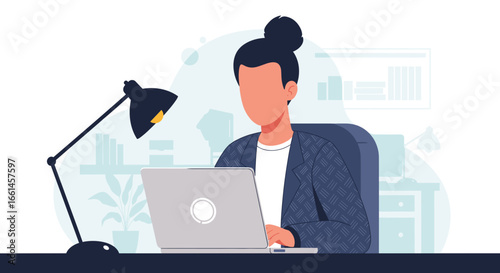 Professional working on a laptop in a modern office, focusing on productivity and online tasks. Ideal for business, remote work, or technology concepts.