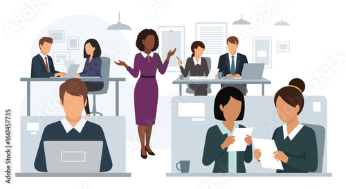 Diverse business professionals collaborate and work productively in a modern office environment, illustrating teamwork, management, and corporate life.
