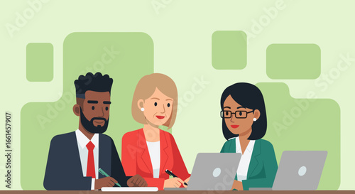 Diverse business professionals collaborate in a modern office setting. Ideal for themes of teamwork, strategy, corporate planning, and successful partnerships.