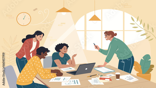 Diverse business team collaborates cheerfully around a laptop and documents in a bright office meeting. Represents teamwork, innovation, and successful partnership.