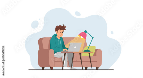 A young man works comfortably from home on his laptop, sitting on a cozy sofa with a desk lamp providing light. Ideal for remote work, education, or freelance lifestyle concepts.