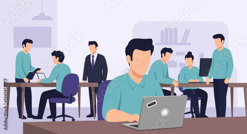 Diverse business team collaborating and working diligently in a modern open-plan office. Represents productivity, teamwork, and a professional work environment.