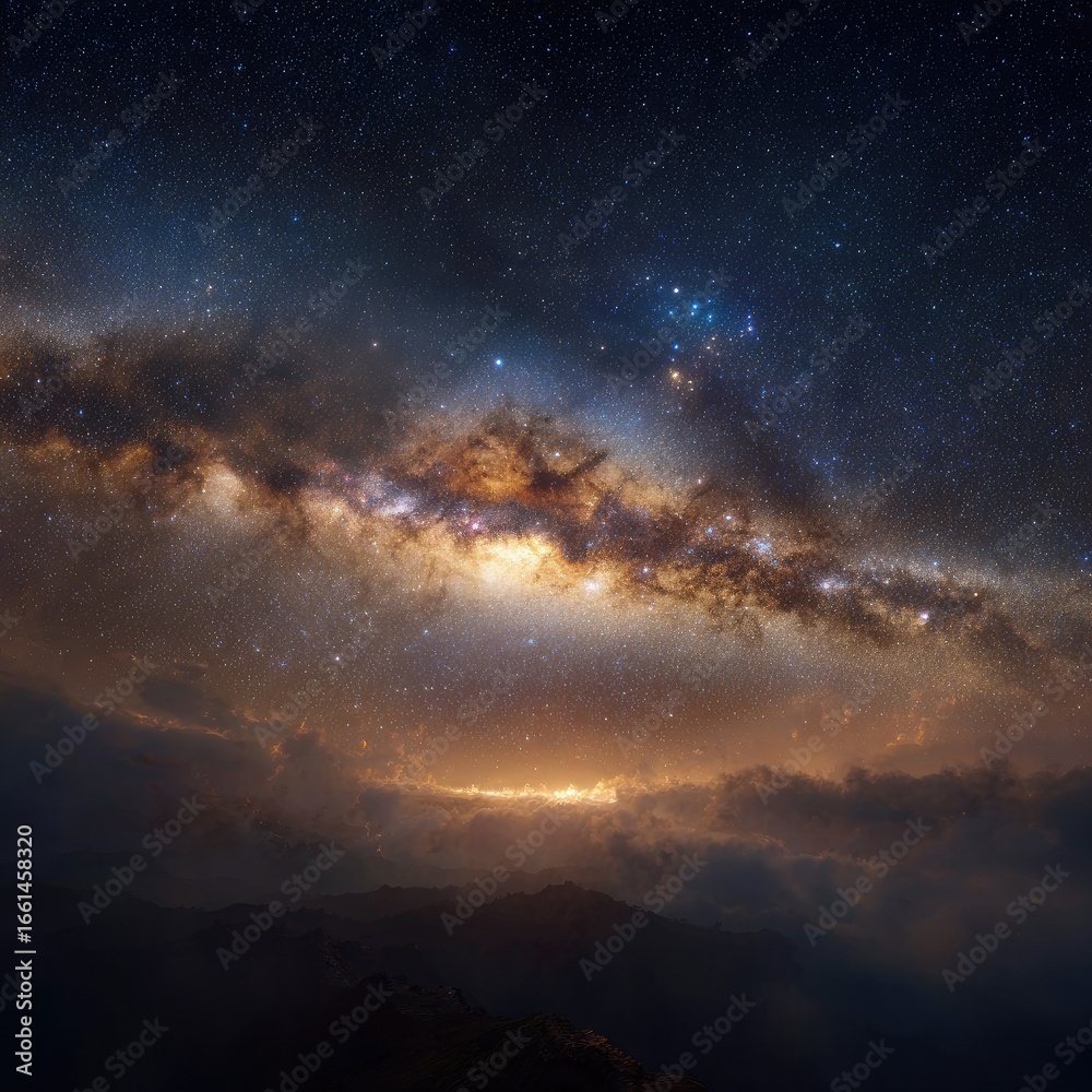 Fototapeta premium Milky Way galaxy rising above mountain peaks shrouded in clouds. Vast expanse of stars and nebulae