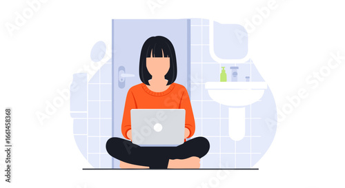 Woman works remotely on a laptop in a stylized bathroom, depicting flexible work, privacy, and modern lifestyle. Ideal for work-life balance concepts.