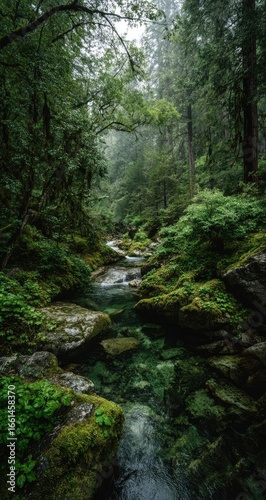 Lush forest stream flowing through mossy rocks