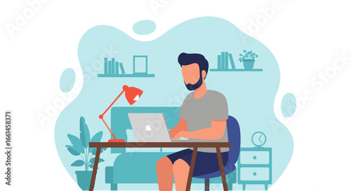 Man working comfortably on a laptop at his home office desk. Ideal for concepts of remote work, online learning, freelancing, and digital lifestyle.