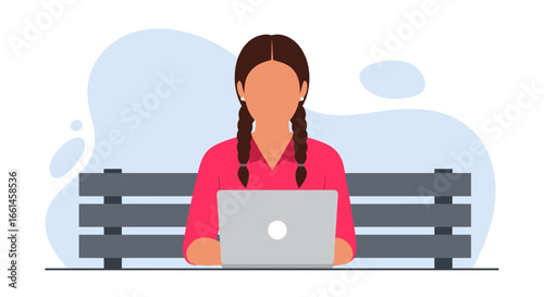 Young woman with braided hair works remotely on her laptop while sitting on a park bench. Ideal for concepts of education, freelancing, or casual outdoor work.