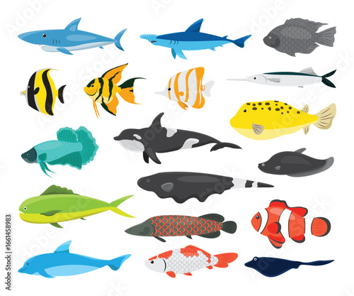 Vector set of colorful fish illustration featuring different species ideal for educational materials aquarium decor and seafood branding