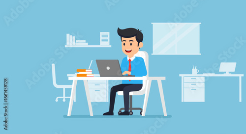 Happy businessman working diligently on his laptop at a modern office desk. Concept of productivity, remote work, and online business success.
