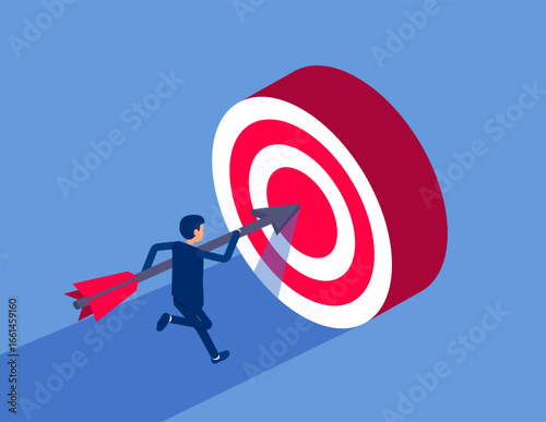 Businessman holding an arrow rushing towards. Flat isometric vector concept