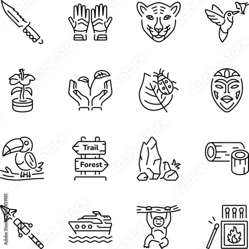 Pack of Rainforest and Nature Linear Style Icons 

