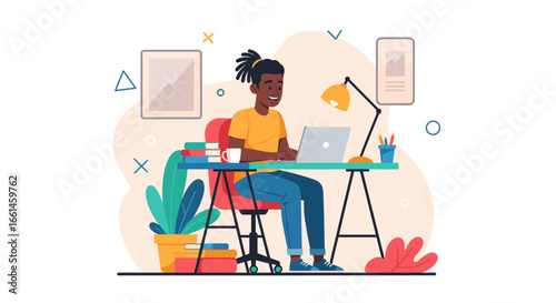 Young Black man happily works remotely on his laptop at a modern home office desk, ideal for concepts of productivity, online learning, or freelance work.