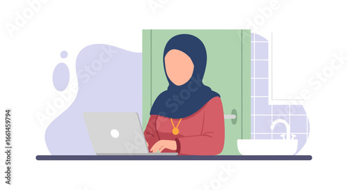 Muslim woman in hijab working on a laptop from home, representing remote work, online education, or modern business concepts.
