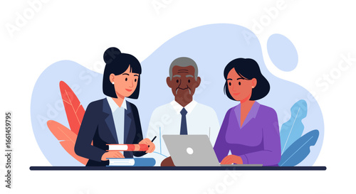 Diverse team collaborating on a project with books and a laptop, symbolizing education, business, and mentorship in a professional setting.