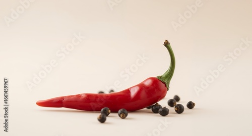 Red Chili Pepper Pod with Black Juniper Berries, Food Styling and Composition.