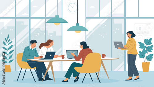 Diverse team collaborates on laptops in a bright, modern office, symbolizing business innovation and productive teamwork.