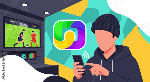 Person in a hoodie using a smartphone while watching a football match on TV, illustrating modern digital entertainment, live streaming, and home connectivity.