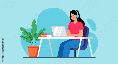 Focused young woman wearing headphones, working or studying remotely on a laptop at a desk. Ideal for concepts of home office, online education, and modern productivity.