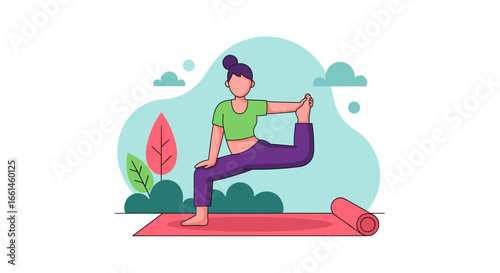 A woman practices yoga outdoors on a mat, demonstrating flexibility and balance. Represents wellness, healthy lifestyle, and mindfulness for fitness and self-care concepts.