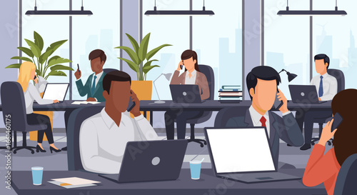 Busy professionals working in a modern, open-plan office, engaged with laptops and phones. Represents teamwork, communication, and corporate productivity.