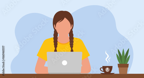 Young woman focused on her laptop, working or studying remotely at a desk with coffee and a plant. Modern digital lifestyle and productivity.