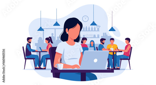 Woman focused on her laptop in a lively cafe or co-working space. Depicts remote work, freelance, and a modern flexible business lifestyle.