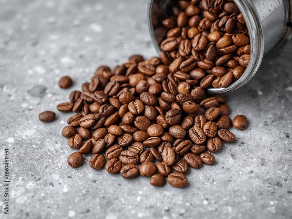 Fototapeta premium Roasted Coffee Beans Spilling from a Small Metal Bucket on a Gray Surface.
