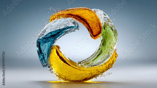 A vibrant ring of colorful liquid splashes, including orange, yellow, and blue, form a perfect circle