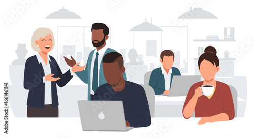 Diverse business team collaborates in a modern office, fostering communication and teamwork. Ideal for themes of professional development, workplace culture, and success.