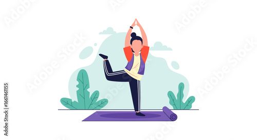 Illustrated woman performing a yoga pose outdoors, symbolizing balance, health, and mindful fitness. Ideal for wellness and lifestyle content.