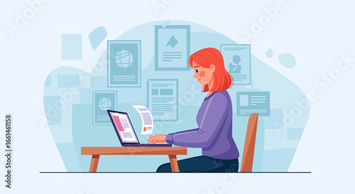 Smiling woman efficiently manages documents and data on her laptop, depicting modern remote work, digital organization, and productivity in a business or home office setting.