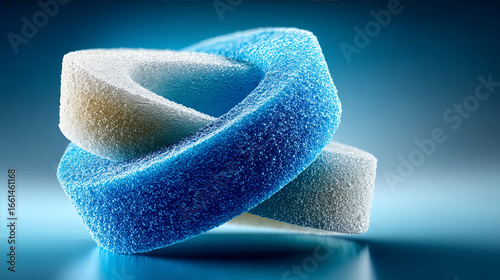 A unique sculpture of two interlocking rings with a sponge-like texture, one white and one blue
