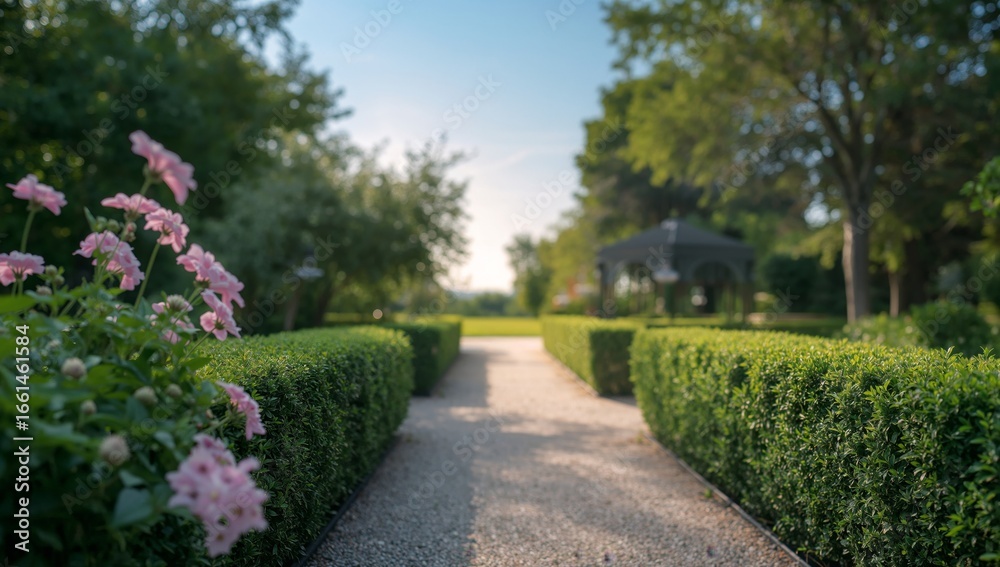 Fototapeta premium Serene Garden Pathway with Flowers and Trimmed Hedges, Relaxing Summer Scene.