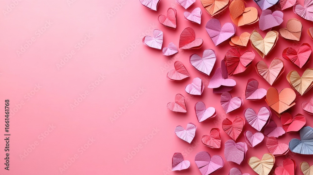 Obraz premium Colorful Paper Hearts Arranged On Pink Background