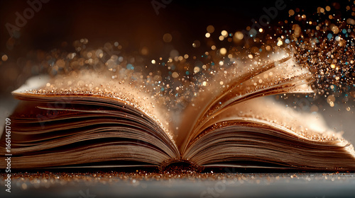 A magical open book on a table, with golden glitter and sparkling particles flying from its pages