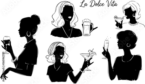 Set of sketched silhouettes La dolce vita italian sicily Amalfi style. woman Hand hold wine, beer, cocktail or champagne drawings. Sketch style bar or party Illustrations for wedding invitations, cafe