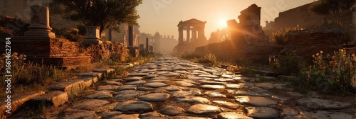 Ancient Roman street at sunrise.  Sunrise over a cobblestone road, leading through ancient ruins.  Stone structures, columns, and greenery surround a well-worn pathway. Golden light bathes the scene