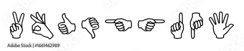 Hand gestures icons in outline style on white background  