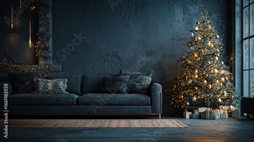 Cozy Christmas Eve with a glowing tree and presents in a luxurious blue living room with dark moody