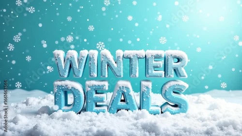 Winter deals text with snow on a blue background with falling snowflakes for seasonal promotion