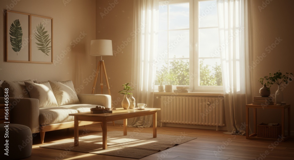 Fototapeta premium Sunlit living room interior design with natural light and cozy decor, inviting and serene ambiance.