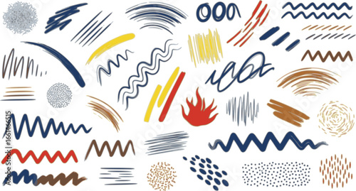 Intricate geometric brush strokes collection. Abstract geometric bold lines and dots. Hand drawn bold grunge shapes, curved and zigzag lines. Naive sketchy marker strokes for collages, banners