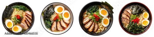 Delicious Ramen Noodles with Pork and Egg, Top View, Close-up, Dark Background PNG set Transparent backround