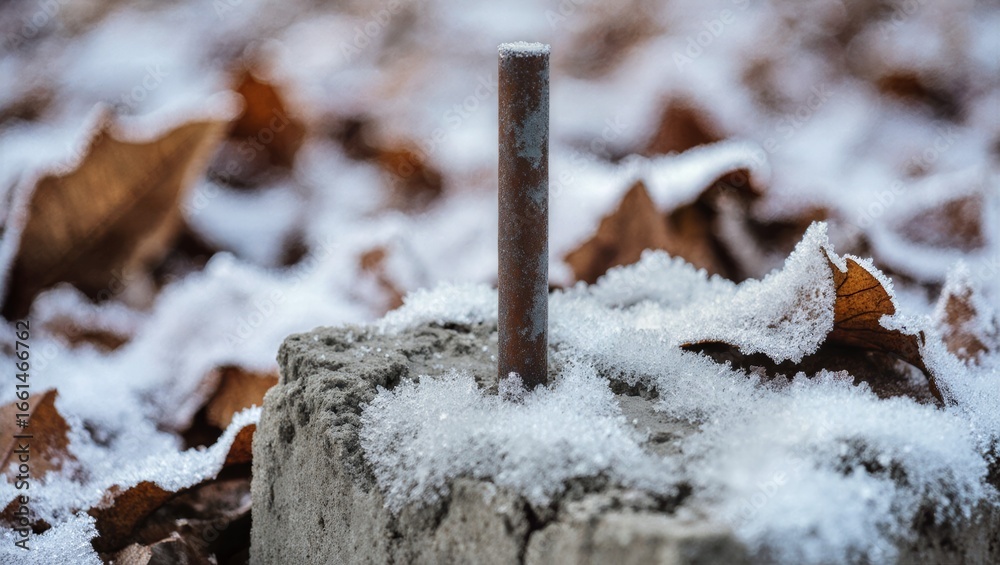 Fototapeta premium Rusty Metal Rod in Snow with Dried Leaves Winter Texture