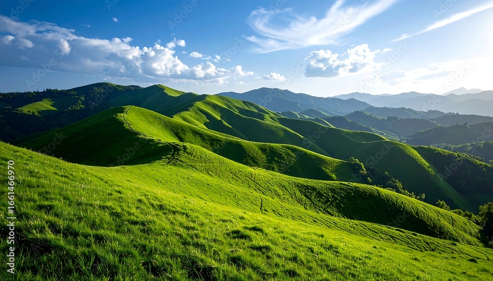 Naklejka premium Lush Green Rolling Hills Under Blue Sky with Scenic Mountain Landscape, and Natures Beauty.
