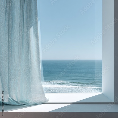 Light teal patterned curtains blowing gently, revealing a vast ocean view