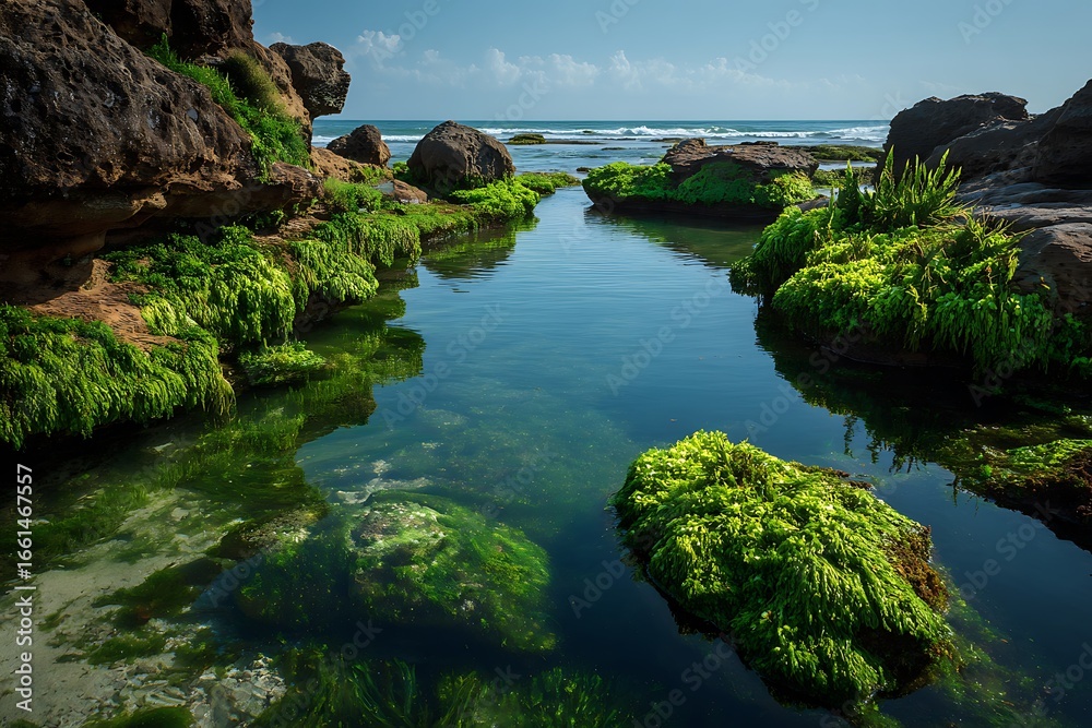 Obraz premium Peaceful Stone Ponds With Green Growth and Crustaceans 