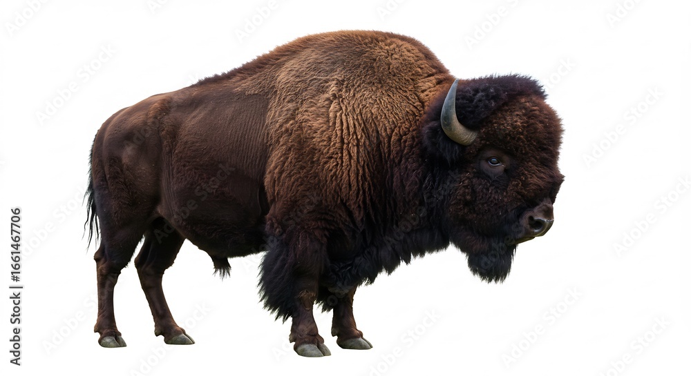 Fototapeta premium Bison majestueux pose fi�rement fond blanc lumiere nette. AI Generated